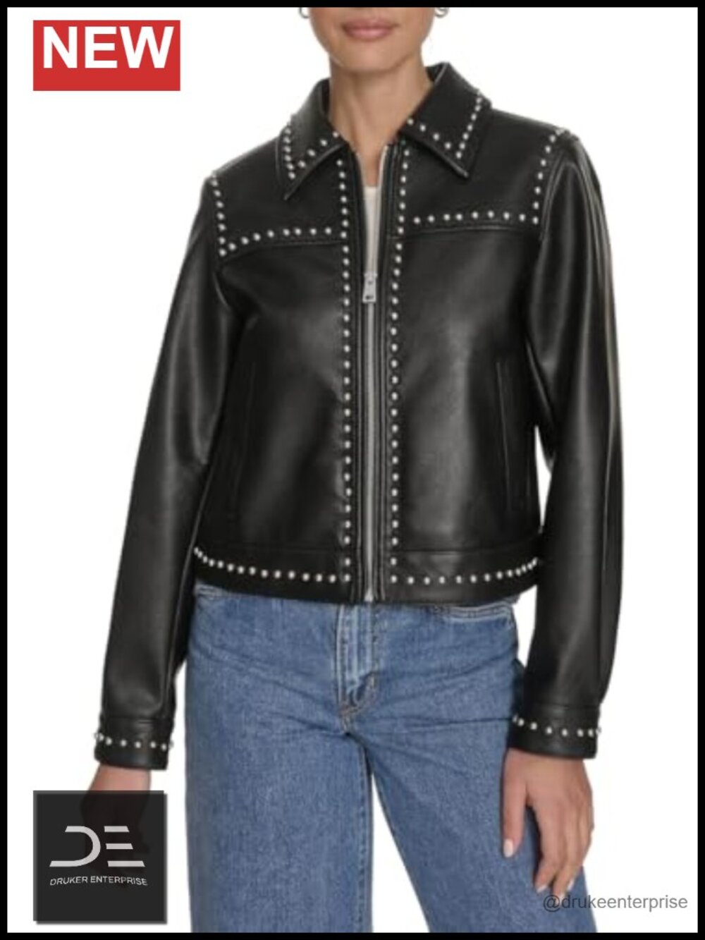 Faux Leather Studded Jacket Zip Front Pockets Statement